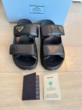 Prada Black Leather Double-Strap Logo Slide Sandals